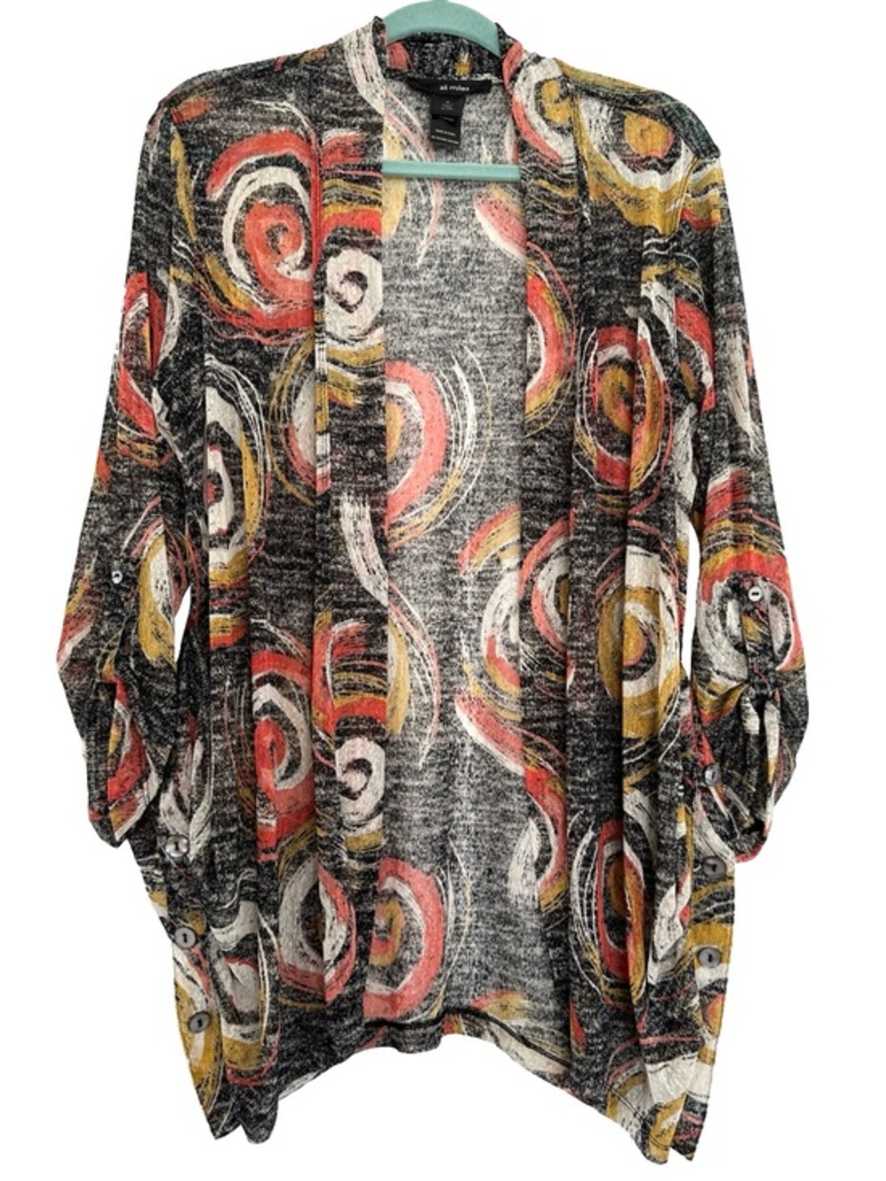 Ali Miles Abstract Circle Artsy Sheer Open Cardigan Button Sides Lagenlook Med